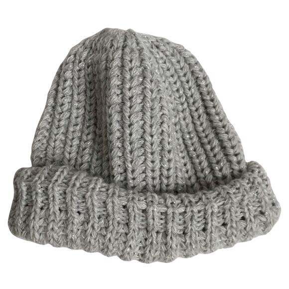 Chunky Knit Ribbed Beanie Hat Silver Metallic Festive Winter Hygge Cozy OSFM - Picture 2 of 6